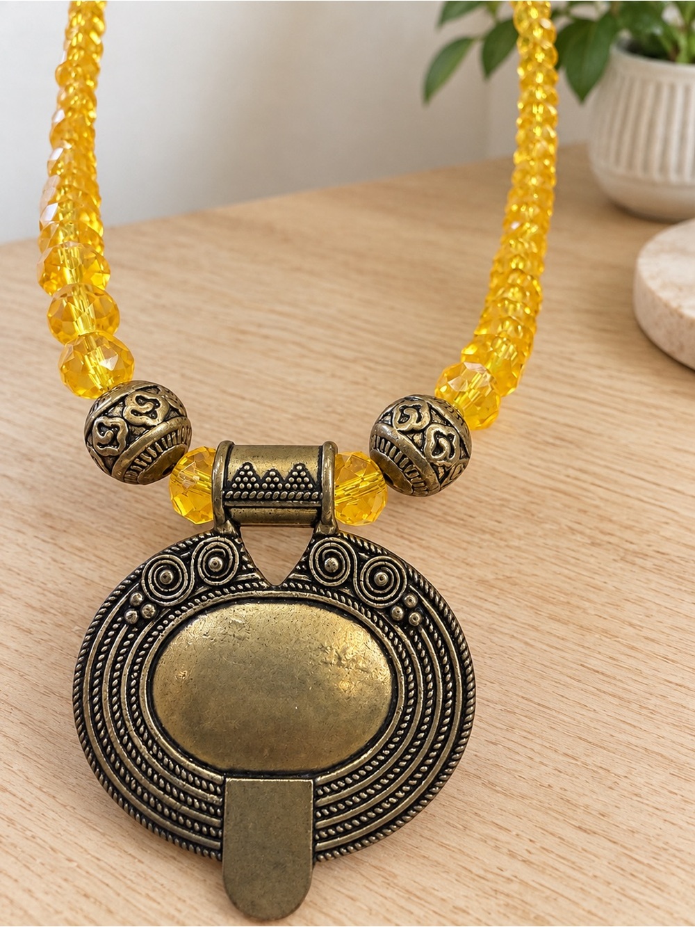 Yellow Beaded Statement Necklace with Antique Gold Pendant
